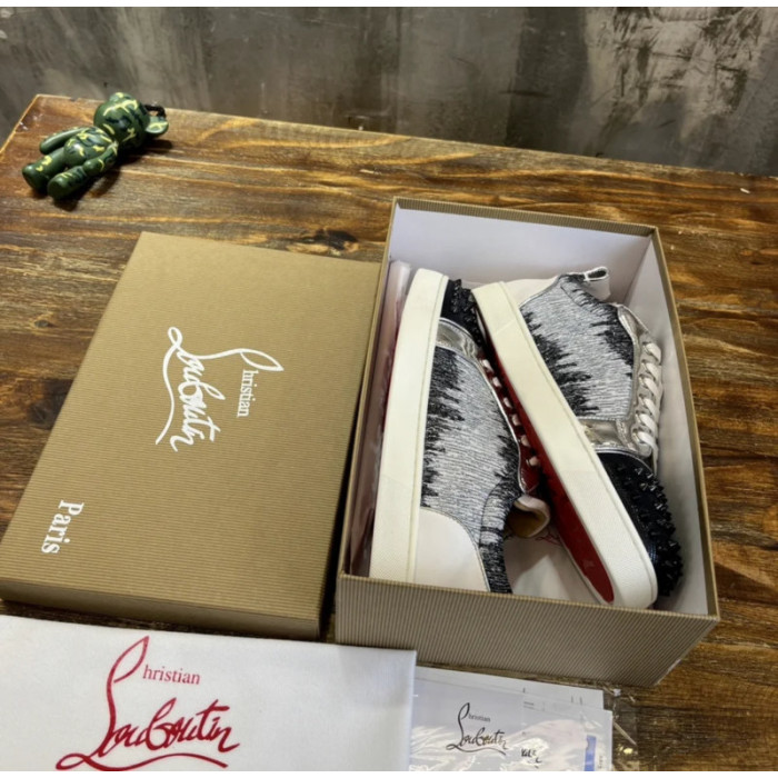 Christian Louboutin Gradient Fabric Spiked Low‑Top Sneakers Silver Metallic Trim