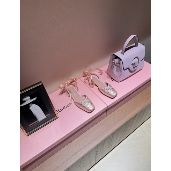 Christian Louboutin Rose Gold Satin Crystal Ankle‑Tie Ballet Flats