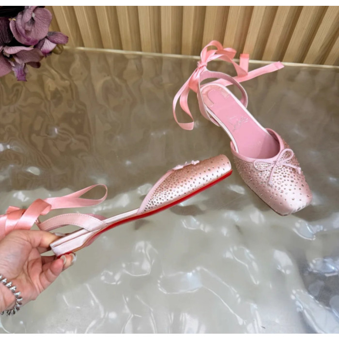 Christian Louboutin Pink Satin Crystal‑Embellished Ankle‑Tie Ballet Flats