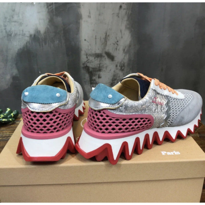 Christian Louboutin Multi‑Color Glitter‑Suede Mesh Lace‑Up Sneakers Red Shark‑Tooth Sole