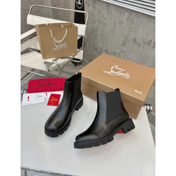 Christian Louboutin Black Smooth Leather Lug‑Sole Chelsea Ankle Boots