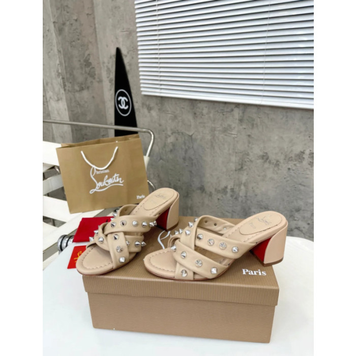 Christian Louboutin Beige Leather Studded 55mm heel Slide Sandals