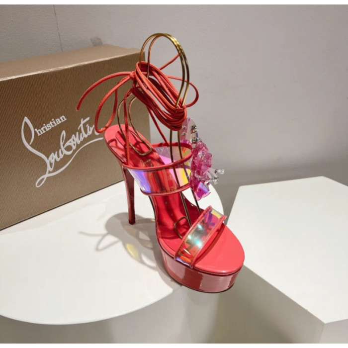 Christian Louboutin Red Patent Iridescent Crystal‑Flower 150mm Platform Ankle‑Tie Sandals