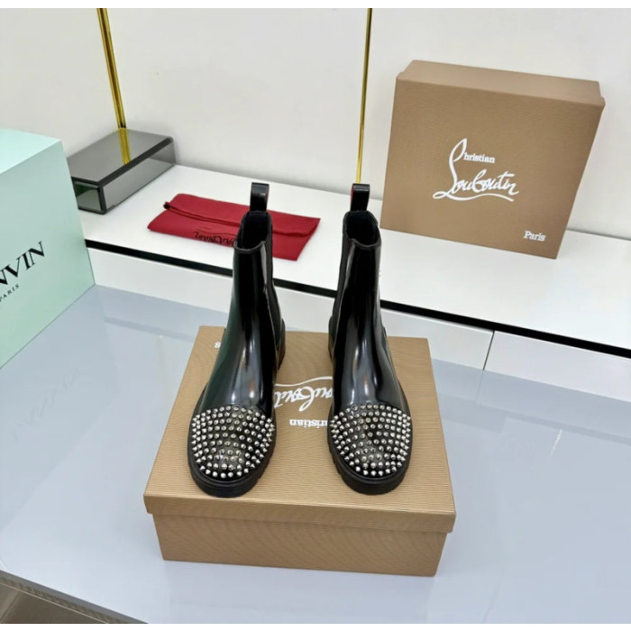 Christian Louboutin Black Patent Stud‑Cap Chelsea Ankle Boots