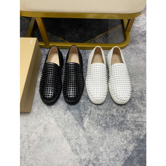 Christian Louboutin Black Leather All‑Over Spiked Slip‑On Loafers