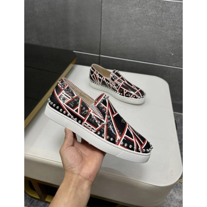 Christian Louboutin Black Patent Geometric‑Print Spiked Slip‑On Sneakers
