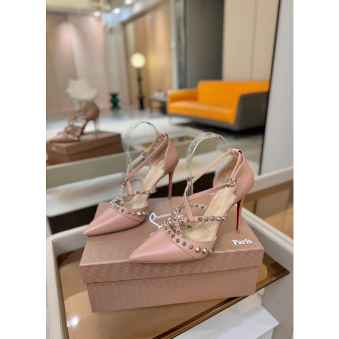 Christian Louboutin Nude Leather Spiked Crisscross Strap Pointed‑Toe High‑Heel Pumps