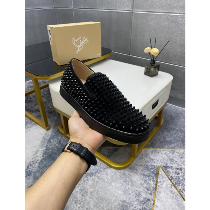 Christian Louboutin Black Suede All‑Over Spiked Slip‑On Loafers