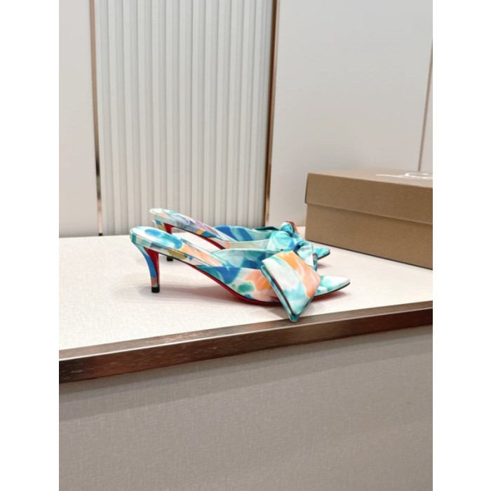 Christian Louboutin Tie‑Dye Satin Bow Mule Kitten Heel Sandals