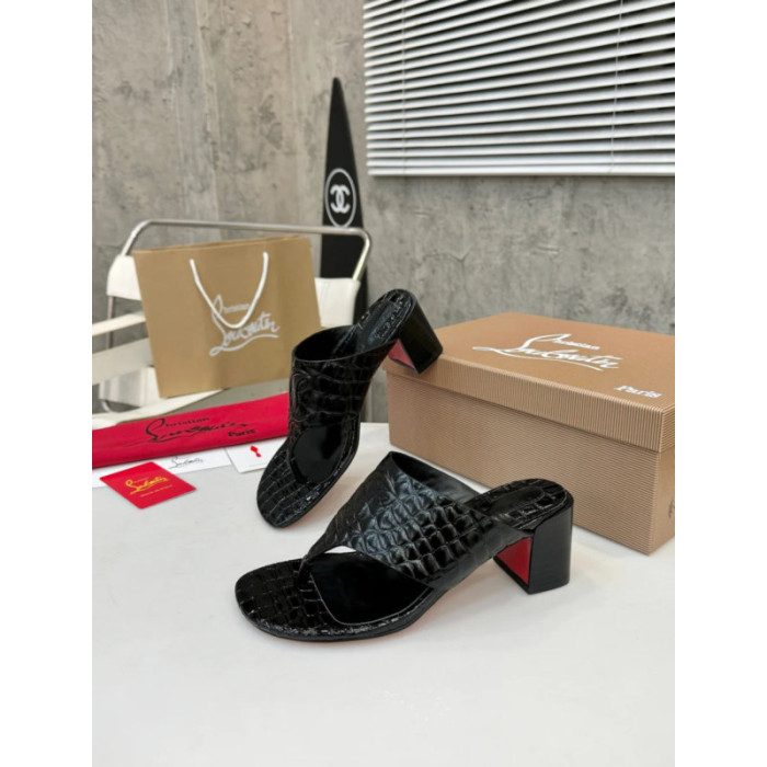 Christian Louboutin Black Croc‑Embossed 70mm Block Heel Thong Mule Sandals
