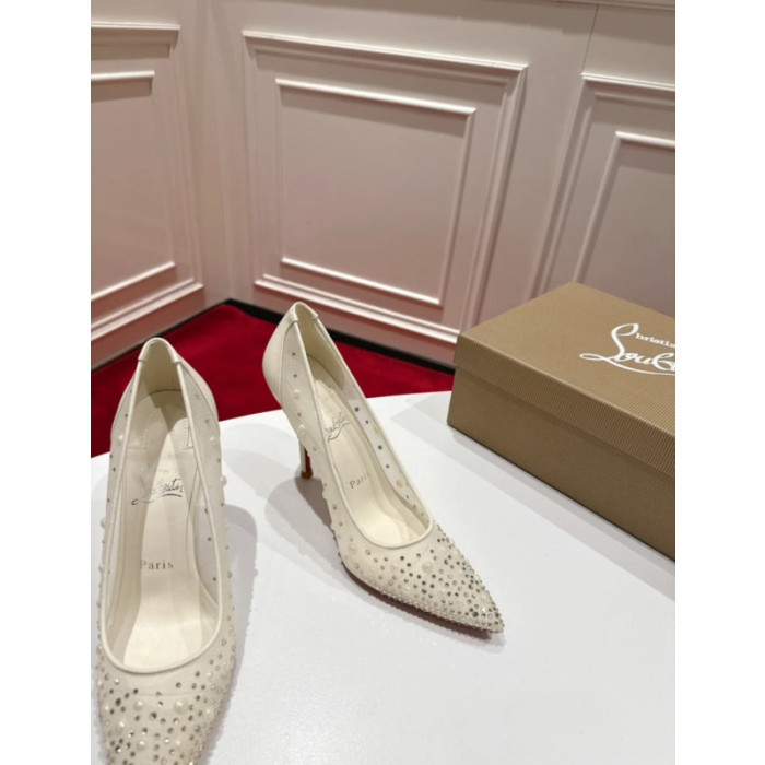 Christian Louboutin Ivory Mesh Pearl Crystal 85mm Stiletto Heel Follies Strass Pumps