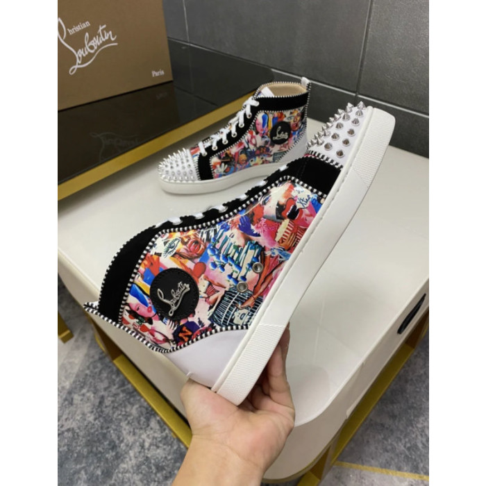 Christian Louboutin Colorful Graffiti Print Silver‑Spiked High‑Top Sneakers