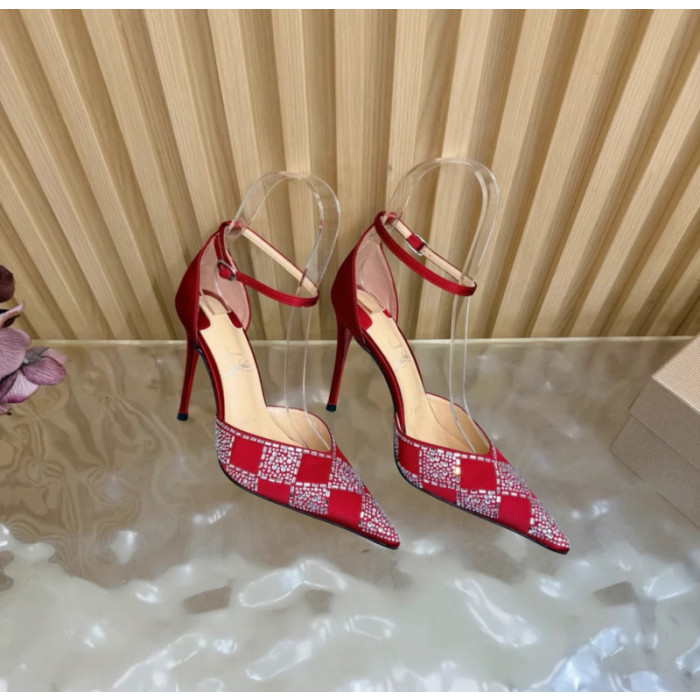 Christian Louboutin Red Satin Checkered Crystal‑Embellished 100mm Stiletto Heel Ankle‑Strap Pumps