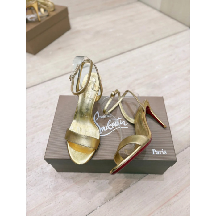 Christian Louboutin Gold Laminated Leather 85mm Stiletto Heel Ankle‑Strap Sandals