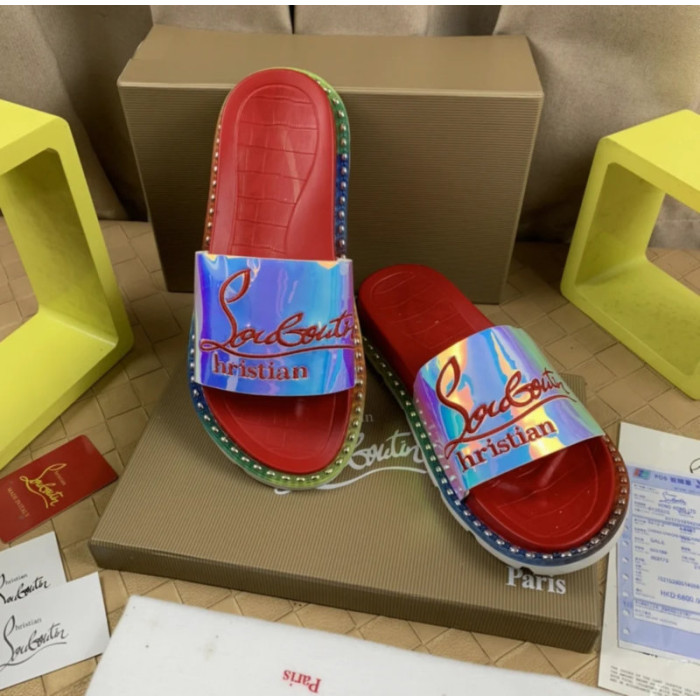 Christian Louboutin Holographic Strap Red Footbed Slide Sandals