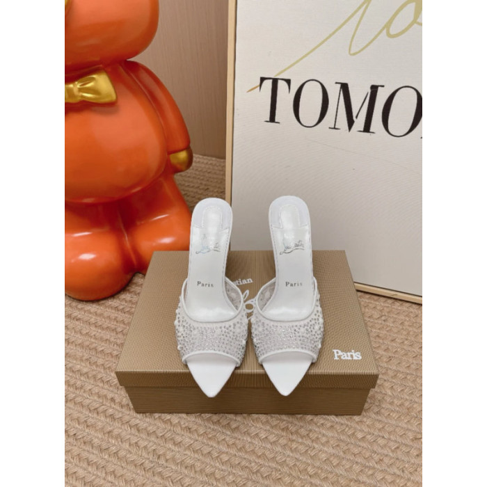 Christian Louboutin White Mesh Pearl Crystal‑Embellished 100mm Peep‑Toe Stiletto Heel Mules