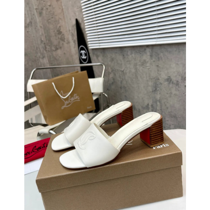 Christian Louboutin White Leather 55mm heel Block Heel Slide Sandal
