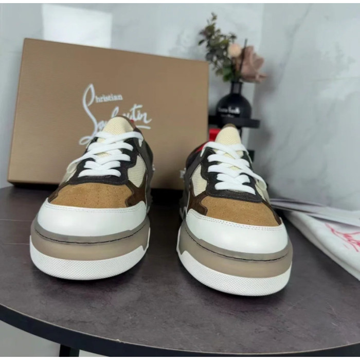 Christian Louboutin Brown‑White Suede‑Mesh Spiked Platform Lace‑Up Sneakers