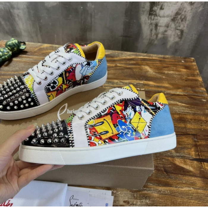 Christian Louboutin Multicolor Graffiti Print Spiked Low‑Top Sneakers