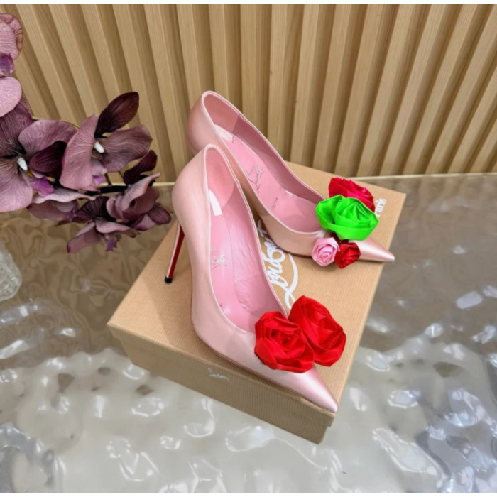 Christian Louboutin Pink Satin Multicolor Fabric Flower 100mm Stiletto Heel Pumps