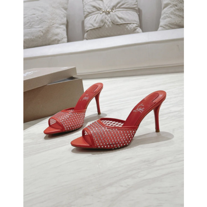 Christian Louboutin Red Mesh Crystal‑Embellished 100mm Peep‑Toe Stiletto Heel Mules