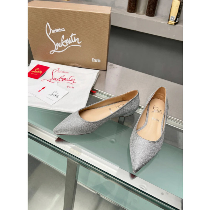 Christian Louboutin Silver Glitter Pointed‑Toe Low‑Wedge Heel Flats