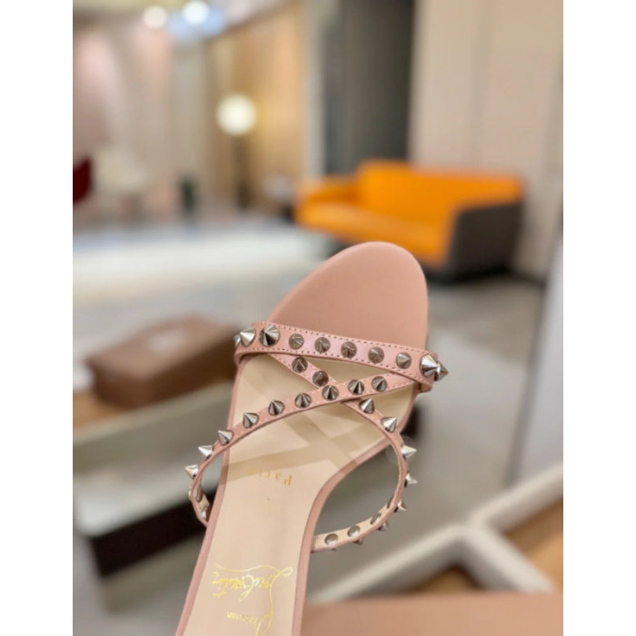 Christian Louboutin Nude Leather Silver‑Spiked Crisscross Mule High Heel Sandals 100mm heel
