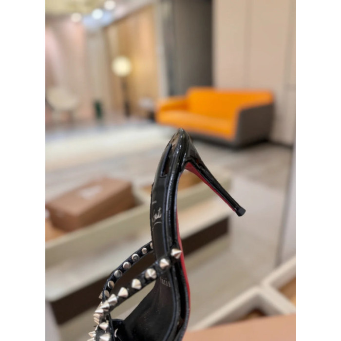 Christian Louboutin Black Patent Studded Crisscross Mule High Heel Sandals 100mm heel