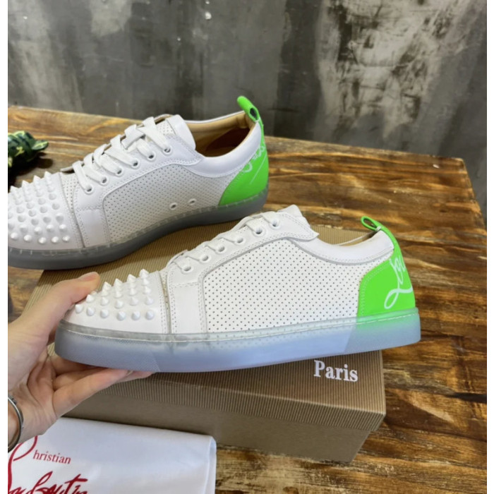 Christian Louboutin White Perforated Leather Green‑Accent White‑Spiked Low‑Top Sneakers