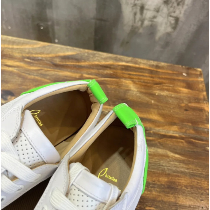 Christian Louboutin White Perforated Leather Green‑Accent White‑Spiked Low‑Top Sneakers