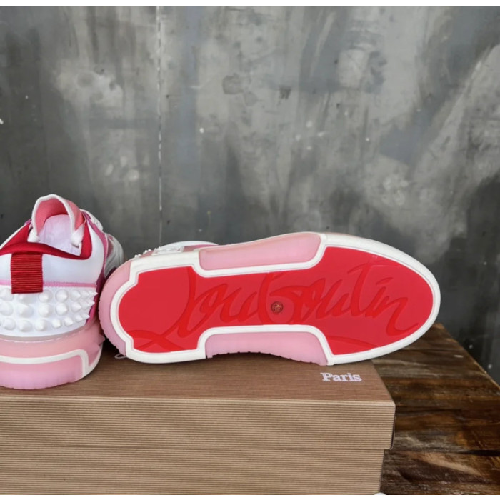 Christian Louboutin Pink White Mixed‑Media Spiked Low‑Top Sneakers