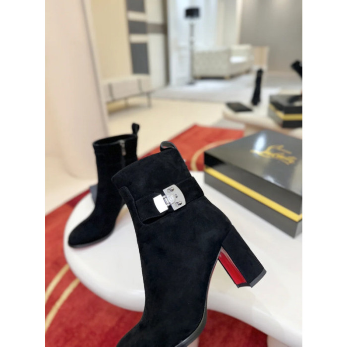 Christian Louboutin Black Suede Silver Lock Buckle 85mm Block Heel Ankle Boots