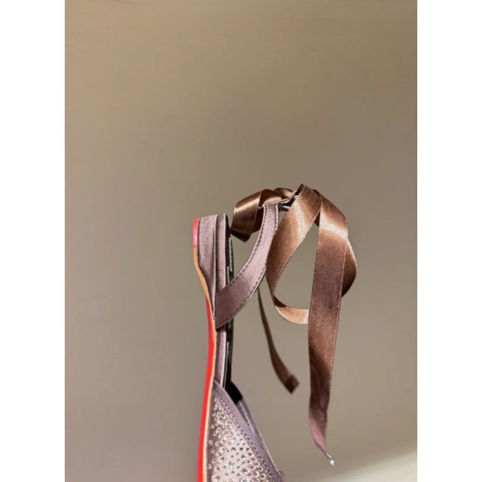 Christian Louboutin Bronze Satin Crystal Tie‑Ankle Ballet Flats