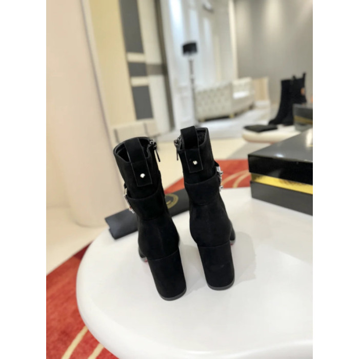 Christian Louboutin Black Suede Metal‑Buckle Block Heel Ankle Boots