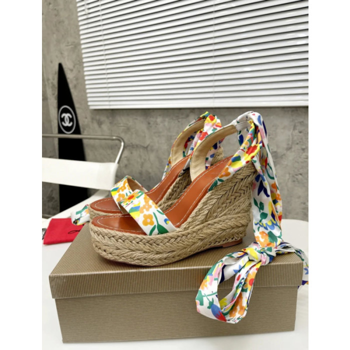 Christian Louboutin Floral Print Fabric 120mm heel Wedge Ankle‑Wrap Espadrille Sandal
