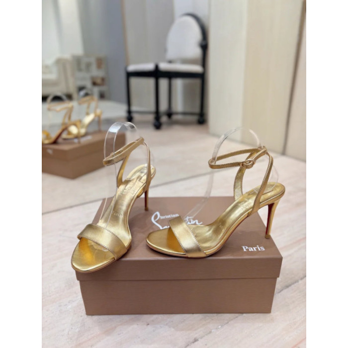 Christian Louboutin Gold Laminated Leather 85mm Stiletto Heel Ankle‑Strap Sandals