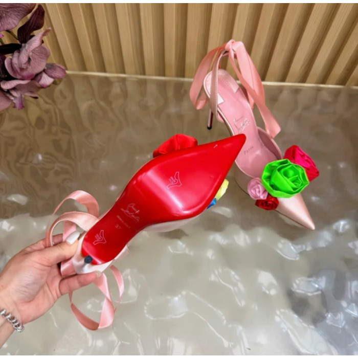 Christian Louboutin Pink Satin Multicolor Rose Flower 100mm Stiletto Heel Slingback Pumps