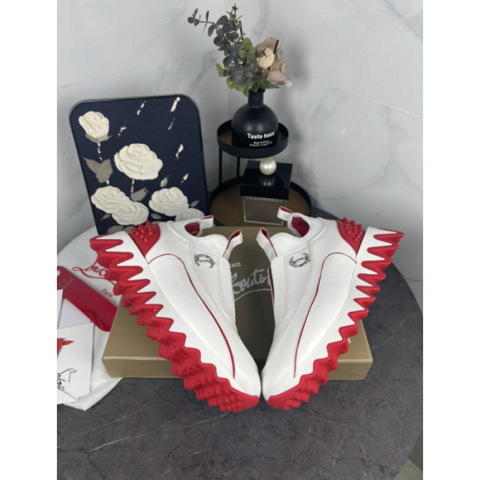 Christian Louboutin White‑Red Leather Slip‑On Spiked Sneakers Red Shark‑Tooth Sole
