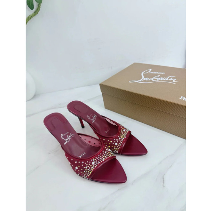 Christian Louboutin Burgundy Mesh Crystal 70mm Pointed‑Toe Mule High‑Heel Sandals