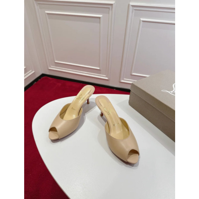 Christian Louboutin Nude Leather 55mm Peep‑Toe Mule Heels