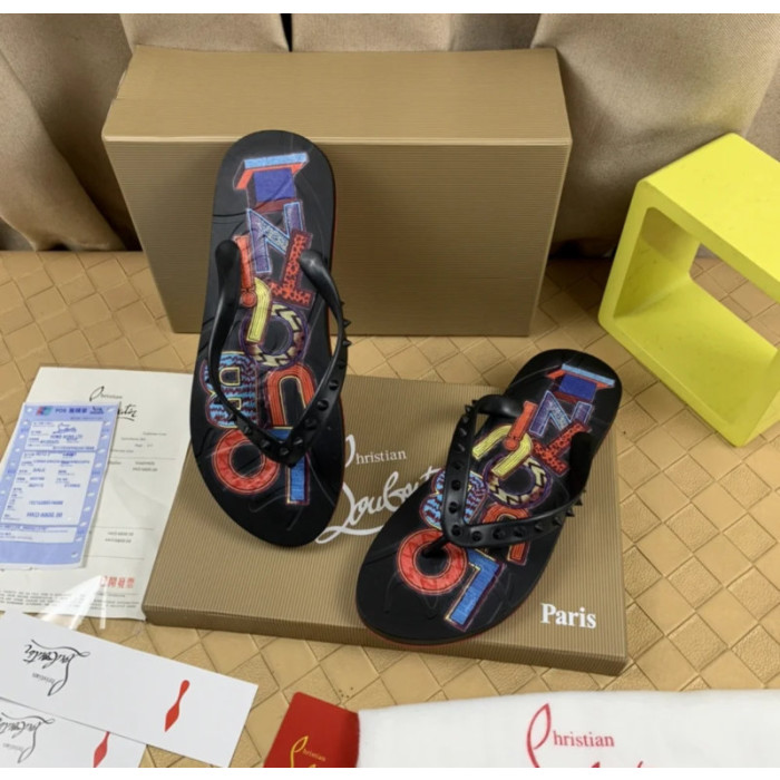 Christian Louboutin Black Printed Spike‑Detail Flip‑Flop Sandals