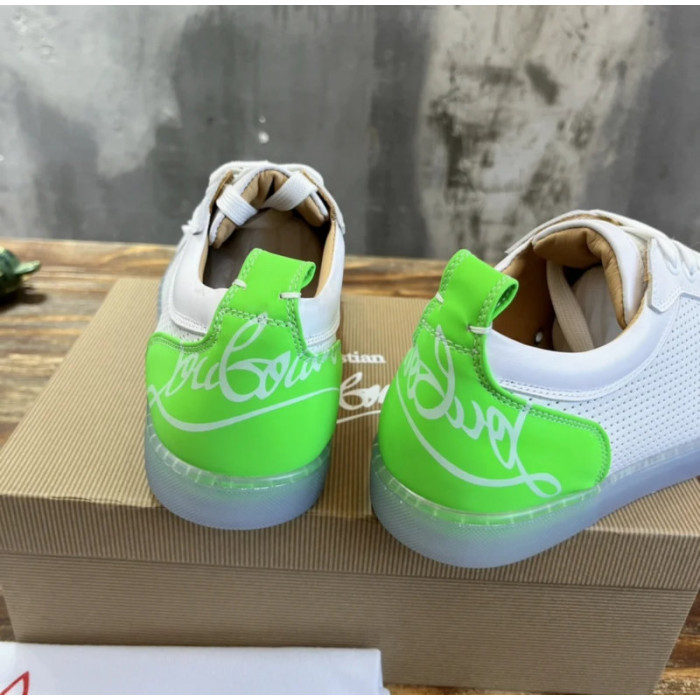 Christian Louboutin White Perforated Leather Green‑Accent White‑Spiked Low‑Top Sneakers