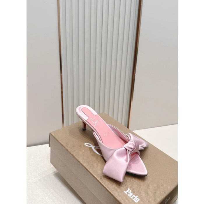 Christian Louboutin Pink Satin Bow 55mm Pointed‑Toe Mule Heels