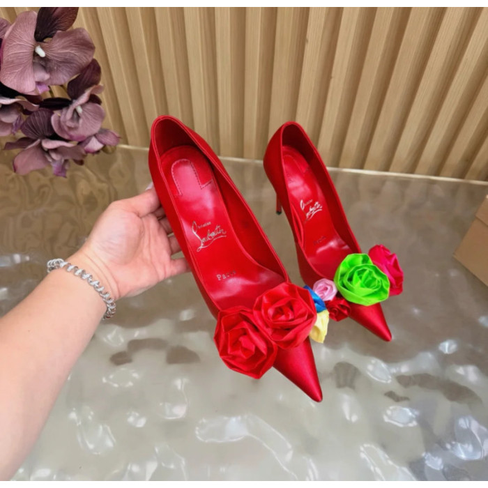 Christian Louboutin Red Satin Multicolor Fabric Flower 100mm Stiletto Heel Pumps