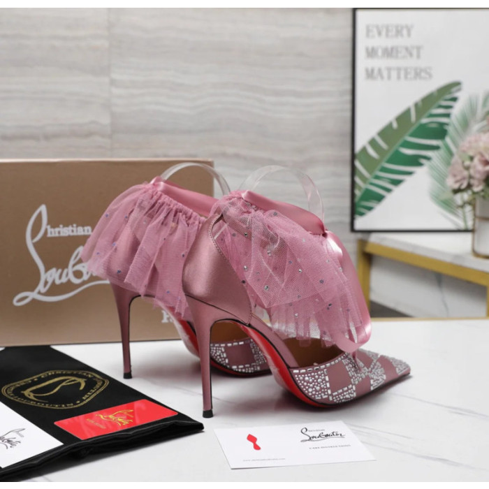 Christian Louboutin Dusty Pink Satin Checkerboard Crystal Tulle Ruffle 100mm Stiletto Heel Pumps