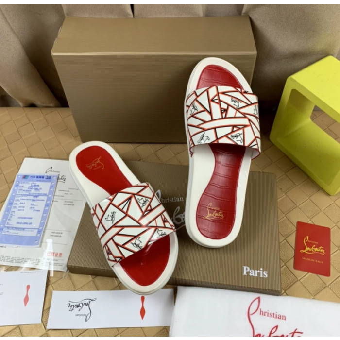 Christian Louboutin White Geometric‑Print Slide Sandals With Signature Logo