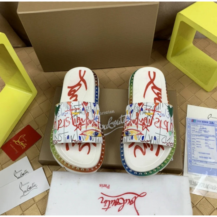 Christian Louboutin White Graffiti‑Print Slides Rainbow Crystal‑Trimmed Sole