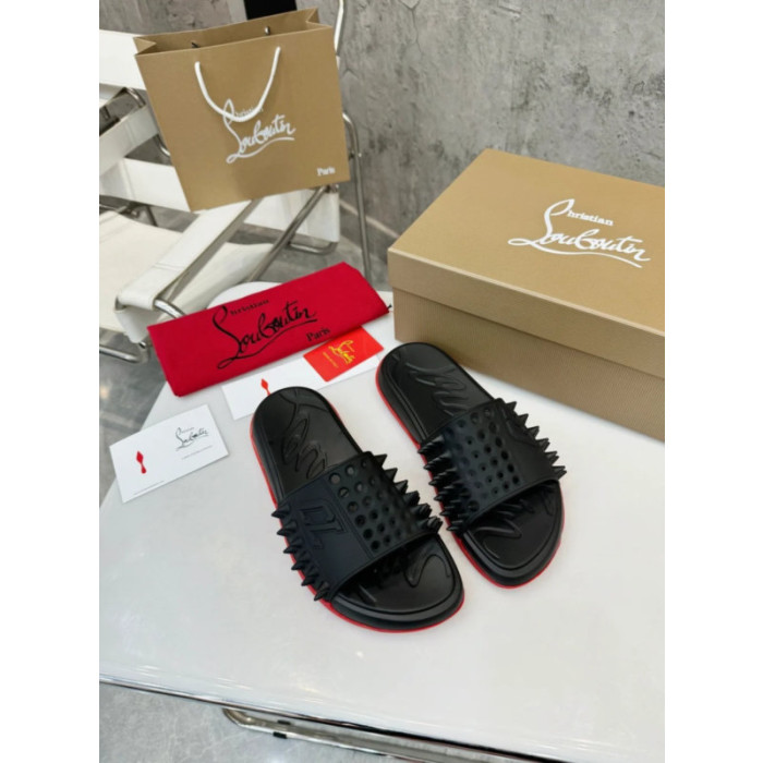 Christian Louboutin Black Rubber Spiked Slide Sandal