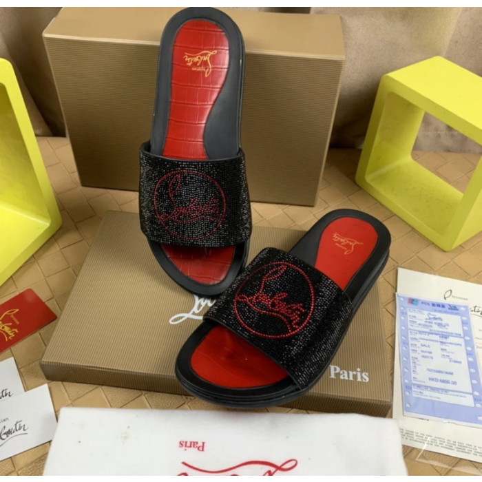 Christian Louboutin Black Crystal Slide Sandals Red Rhinestone Circular Logo