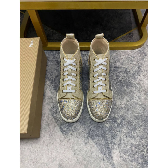 Christian Louboutin Gold Glitter Blue Crystal‑Embellished High‑Top Sneakers